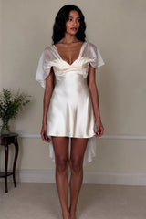 White Satin Mini Homecoming Dress with Deep V-Neck and Delicate Sheer Sleeves
