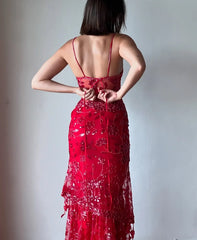 Hot Mermaid Spaghetti Straps Red Long Prom Dress with Embroidery