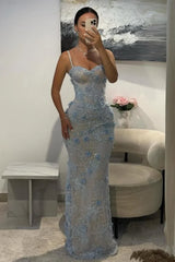 Light Blue 3D Floral Lace Beaded Mermaid Prom Dress with Illusion Corset Bodice