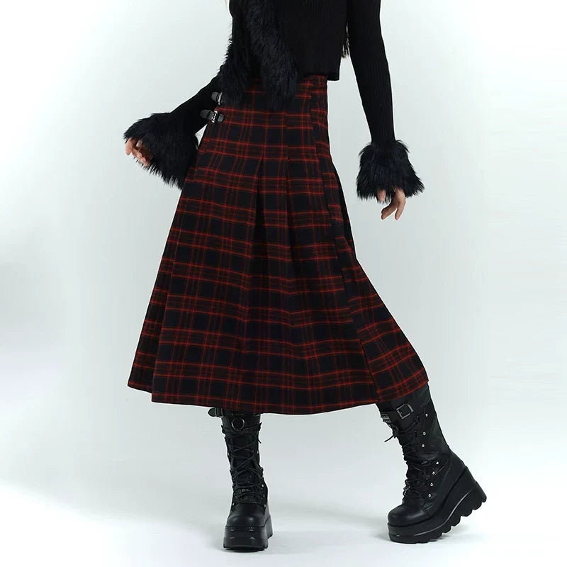 Black and Red Plaid Maxi Skirt for Women – Gothic-Inspired A-Line Skirt