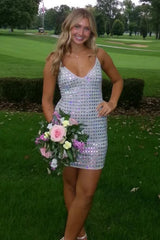 Silver Sparkly Homecoming Dress with Spaghetti Straps and Beaded Bodice
