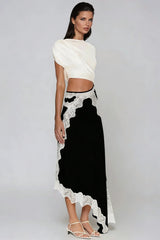 Bess Asymmetric Lace Satin Maxi Dress In Black