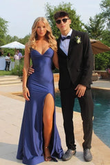 Stunning Mermaid Spaghetti Straps Navy Blue Long Prom Dress with Split Front
