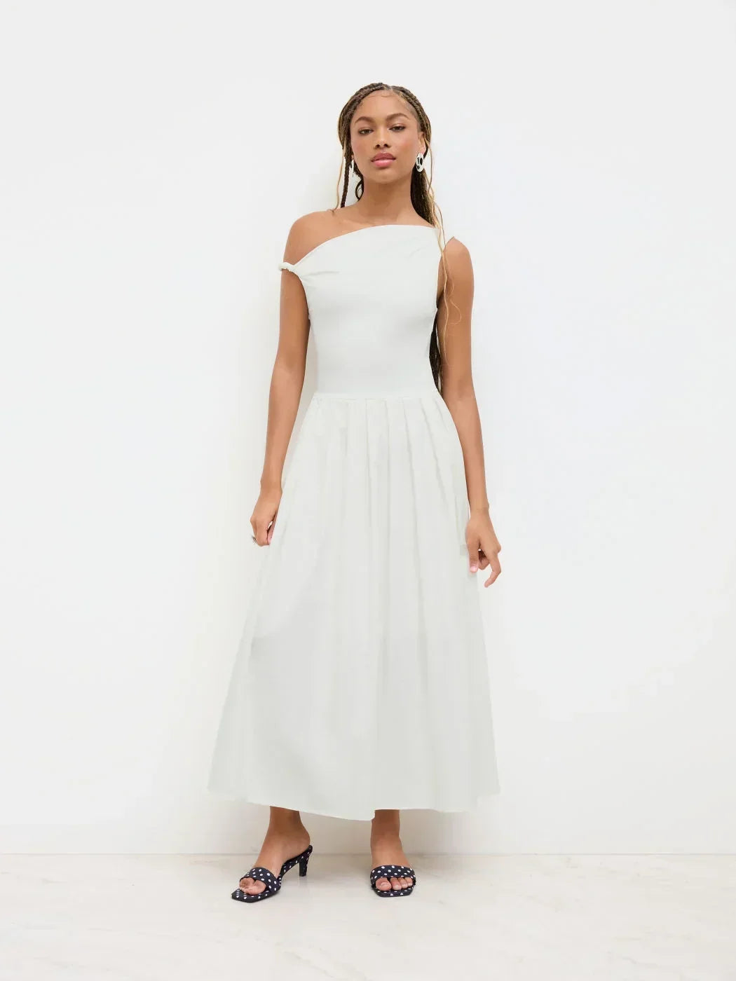 Cotton-blend Asymmetrical Neck Ruched Twist Pleated Maxi Dress
