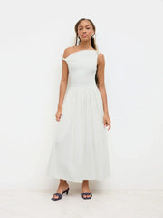 Cotton-blend Asymmetrical Neck Ruched Twist Pleated Maxi Dress