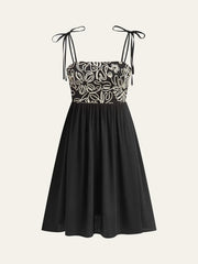 Embroidered Midi Dress With Tie-Up Straps