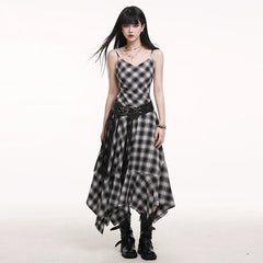 Black and White Plaid Suspender Mini Dress for Women – Asymmetrical A-Line Dress
