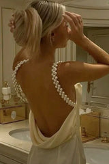 Gorgeous Sheath Spaghetti Straps Yellow Long Party Dress with Pearl Backless