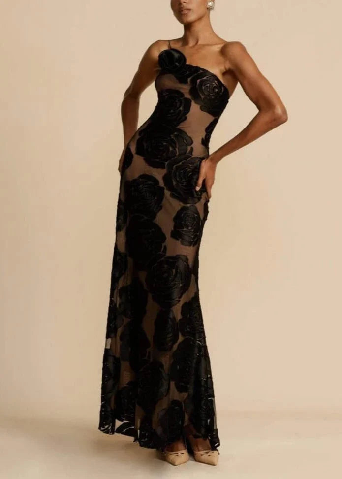 Rose Flower Three-Dimensional Burnt Flower Maxi Dress