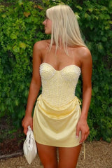Trendy Sweetheart Pearl Corset Mini Homecoming Dress with Ruched Skirt