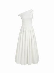 Cotton-blend Asymmetrical Neck Ruched Twist Pleated Maxi Dress