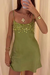 Stunning A Line Spaghetti Straps Green Satin Short Homecoming Dress with Taasels