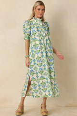 Fresh Fields Ivory Multi Cotton Floral Print Ruffle Neck Maxi Dress